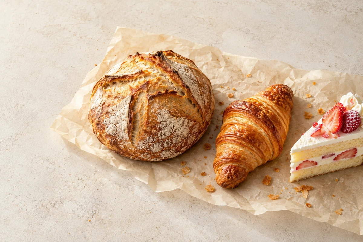 Sourdough bread, a croissant, and a strawberry cake slice on cream parchment